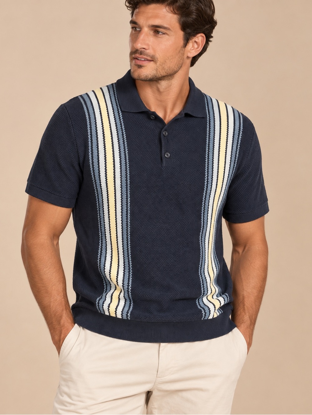 Old Navy Navy Textured Knit Striped Polo Shirt Size Small